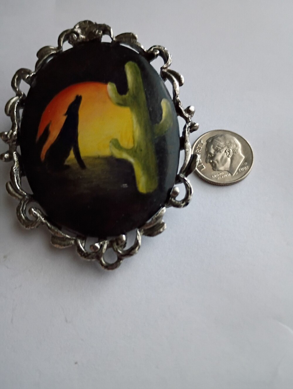 Giant Hand-Painted Howling Wolf Cactus Brooch - Vintage